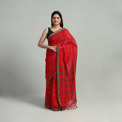 Red - Mercerised Cotton Thread Border Dharwad Saree 14