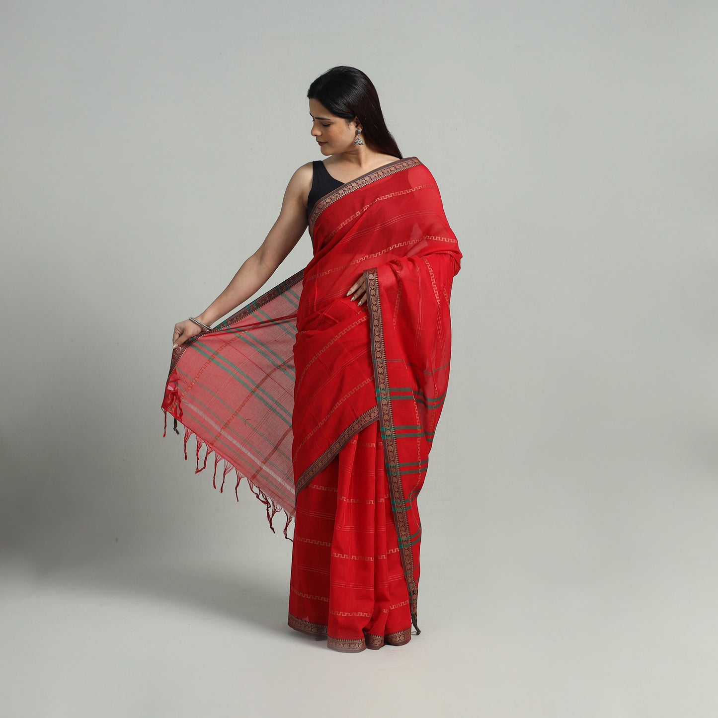 Red - Mercerised Cotton Thread Border Dharwad Saree 14