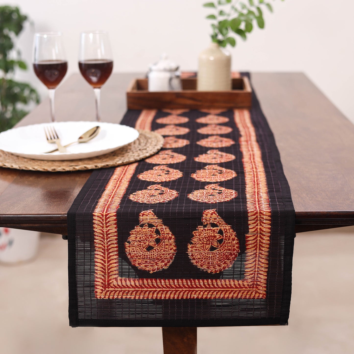 Black Natural Bamboo Bagh Block Printed Dining Table Runner