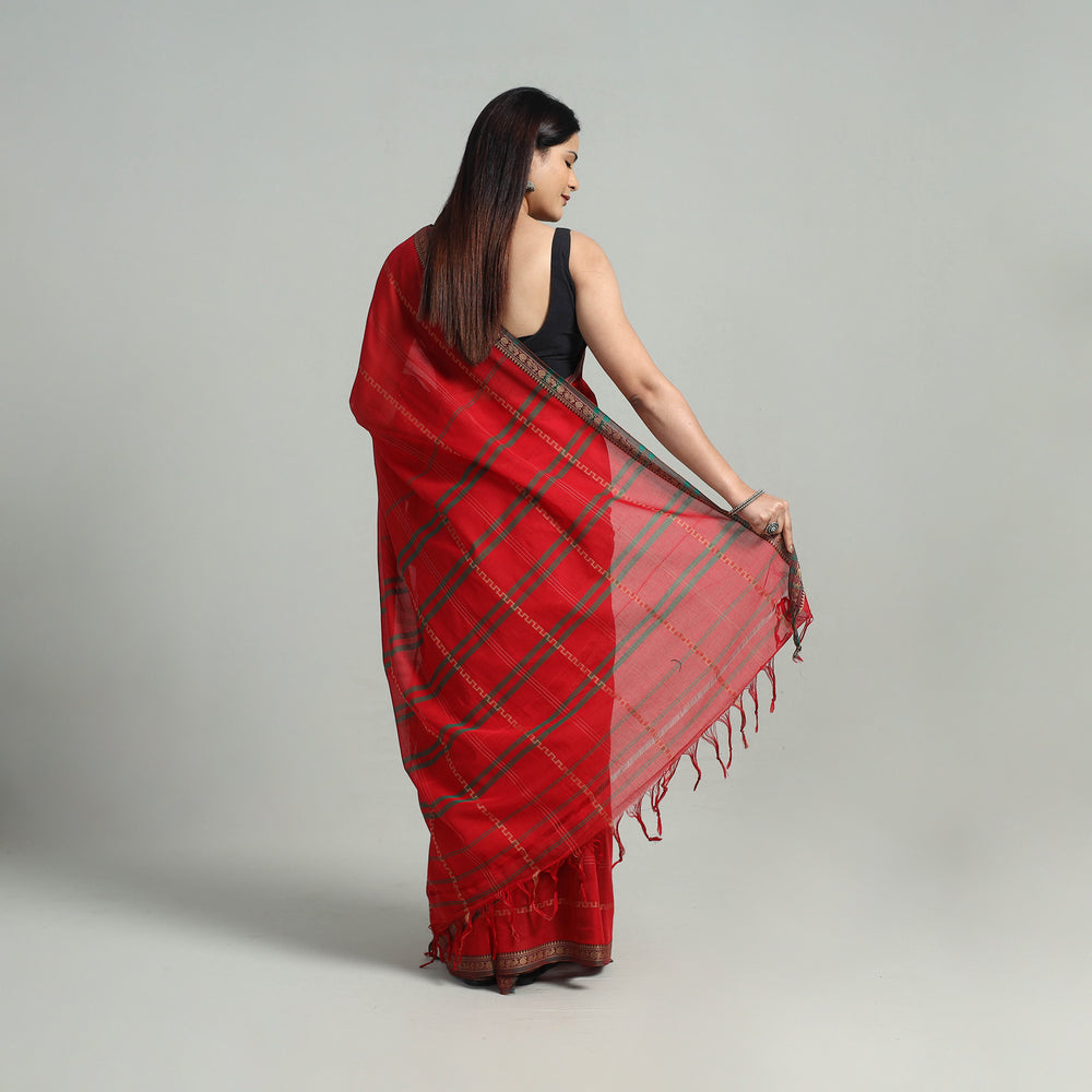 Red - Mercerised Cotton Thread Border Dharwad Saree 14