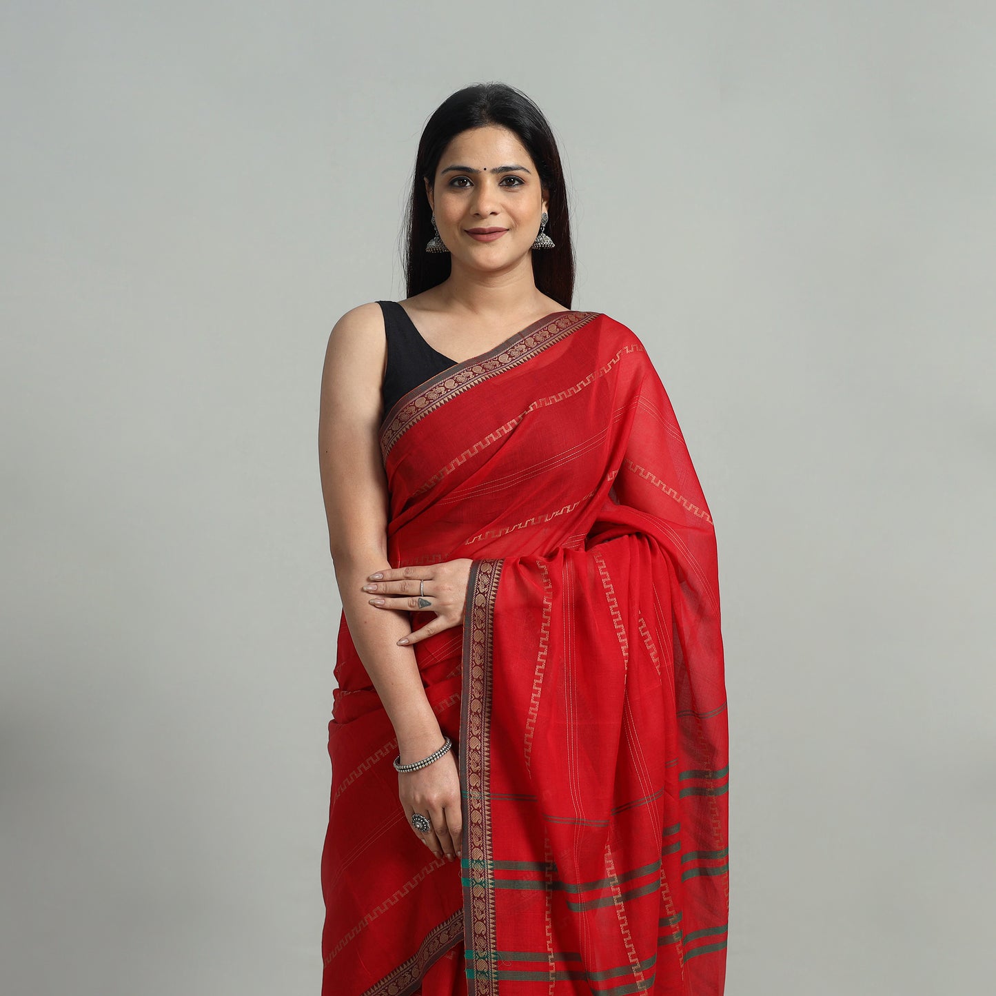 Red - Mercerised Cotton Thread Border Dharwad Saree 14