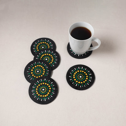 Green - Handpainted Mandala Art Wooden Coasters (Set of 6) 14