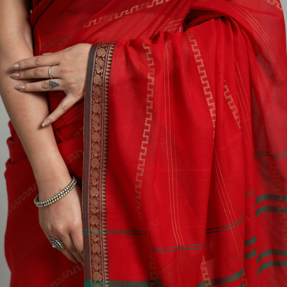 Red - Mercerised Cotton Thread Border Dharwad Saree 14