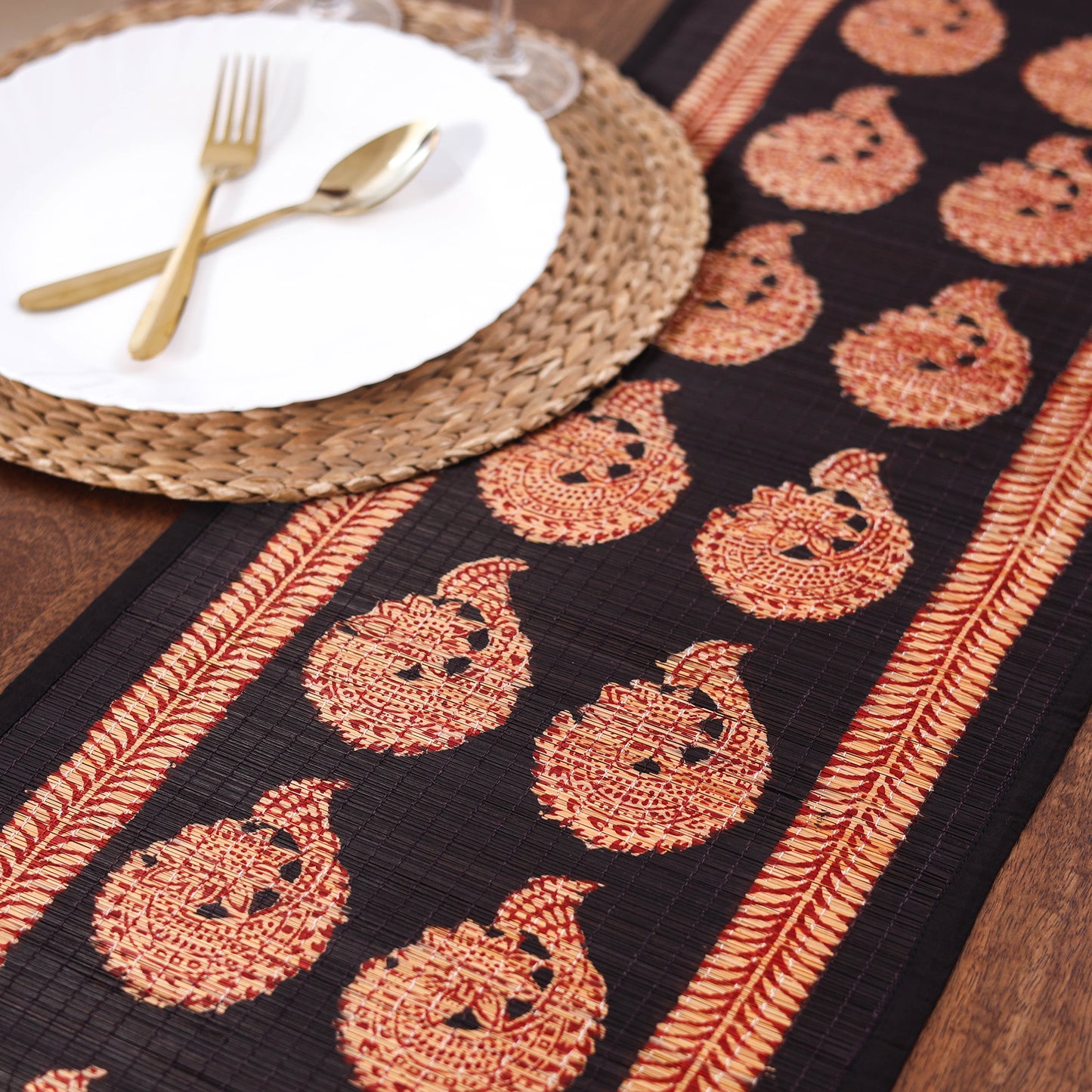 Black Natural Bamboo Bagh Block Printed Dining Table Runner