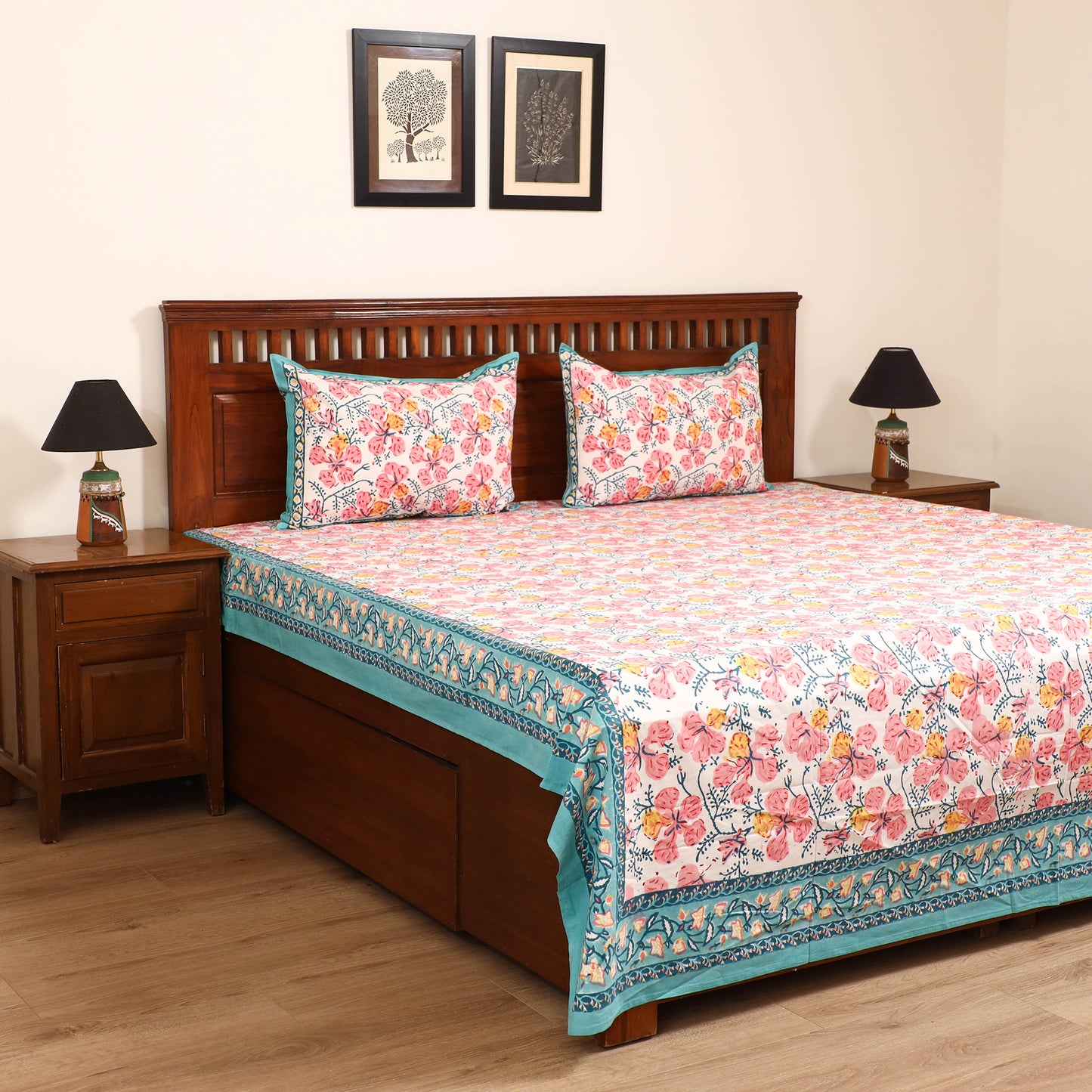 Sanganeri Hand Block Print Cotton Double Bedsheet Set (108 x 90 in) 12