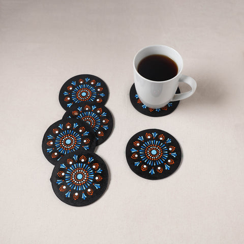 Blue - Handpainted Mandala Art Wooden Coasters (Set of 6) 16