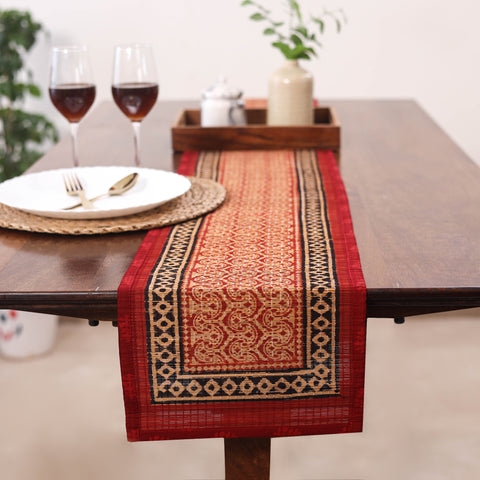 Red Natural Bamboo Bagh Block Printed Dining Table Runner