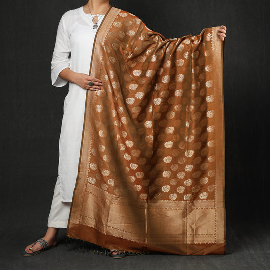 Brown - Banarasi Handloom Katan Silk Zari Buti Dupatta with Tassels