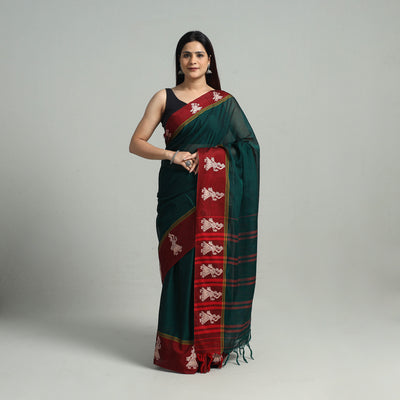 Green - Mercerised Cotton Thread Border Dharwad Saree 17