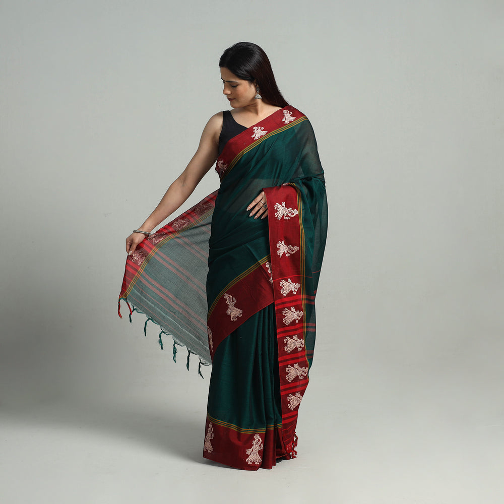 Green - Mercerised Cotton Thread Border Dharwad Saree 17