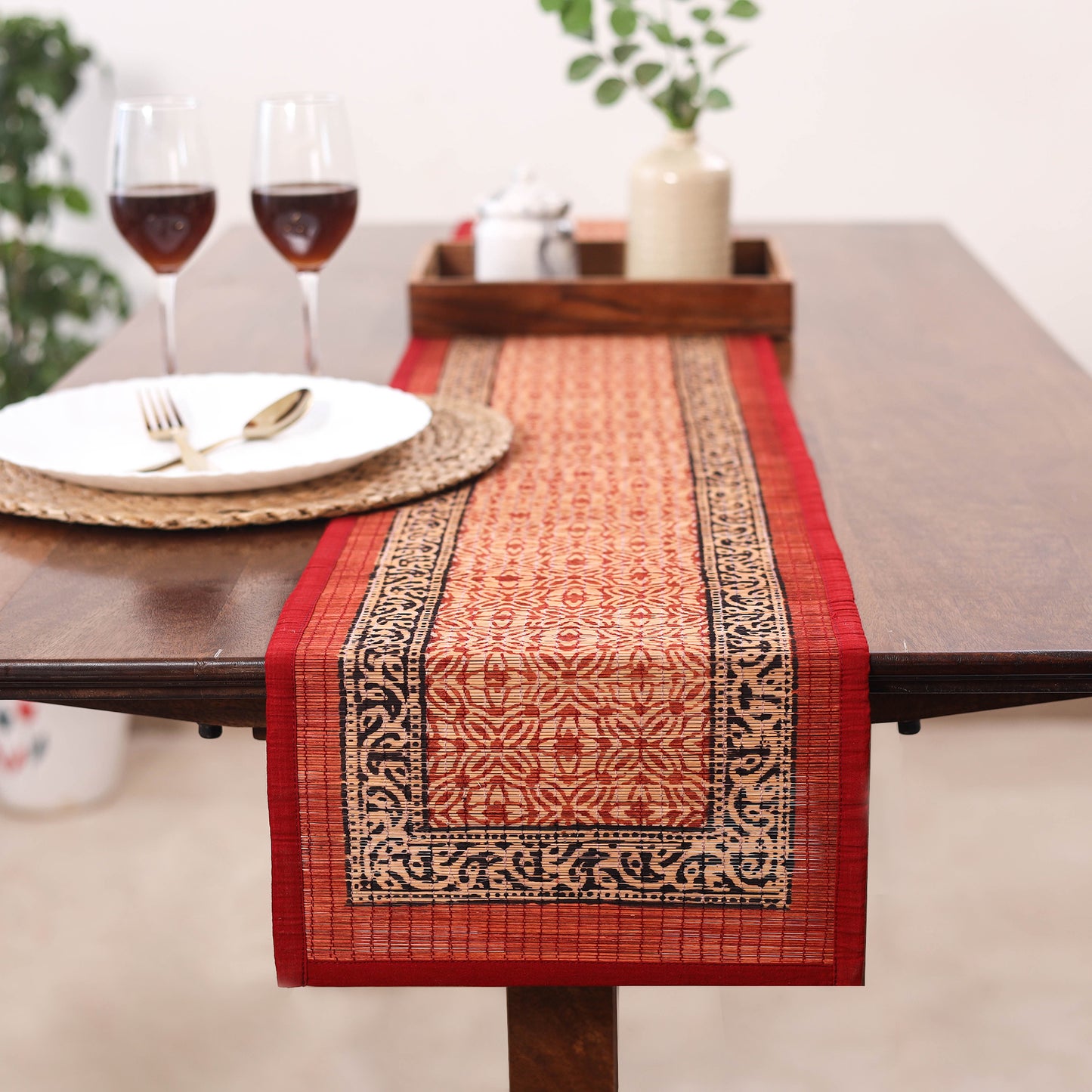 Red Natural Bamboo Bagh Block Printed Dining Table Runner