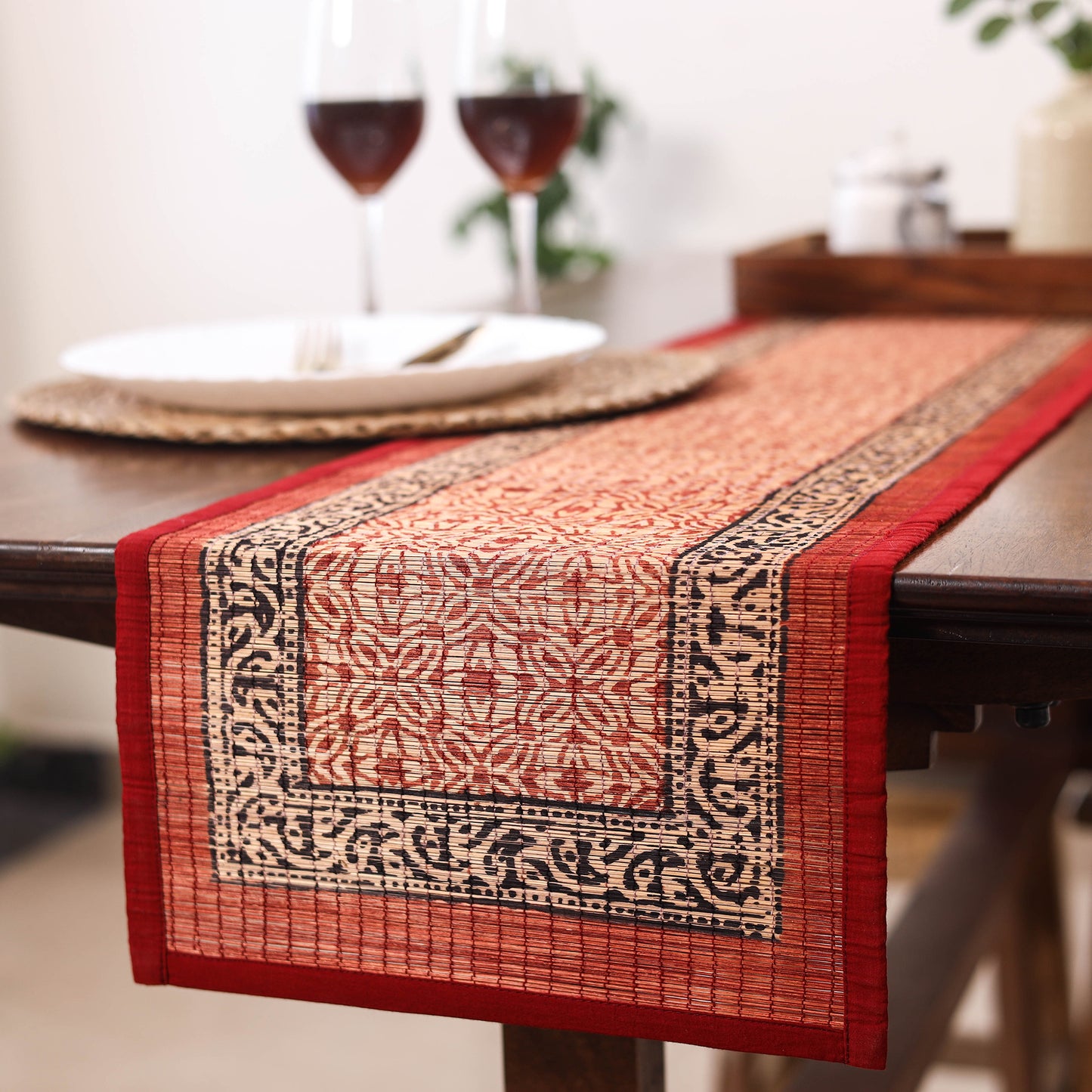 Red Natural Bamboo Bagh Block Printed Dining Table Runner