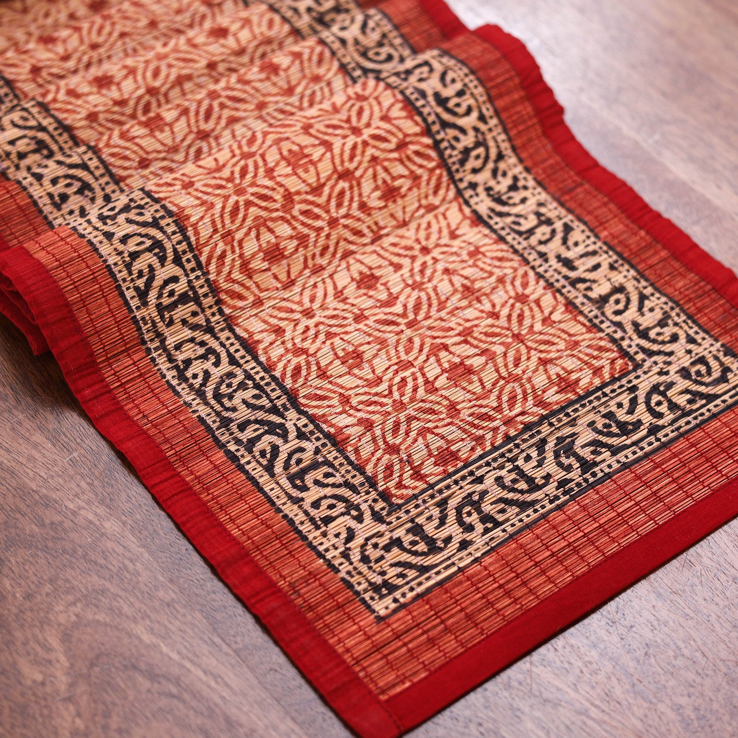 Red Natural Bamboo Bagh Block Printed Dining Table Runner