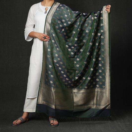 Green - Banarasi Handloom Katan Silk Zari Buti Dupatta with Tassels