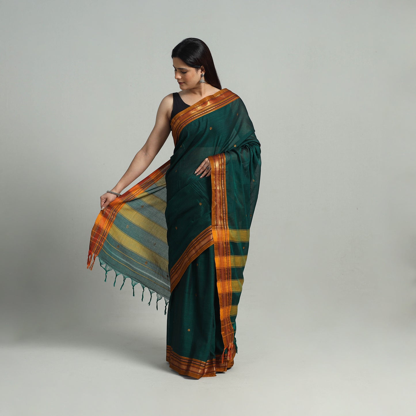 Green - Mercerised Cotton Zari Border Dharwad Saree 18