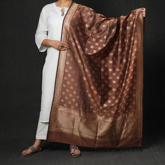Brown - Banarasi Handloom Katan Silk Zari Buti Dupatta with Tassels