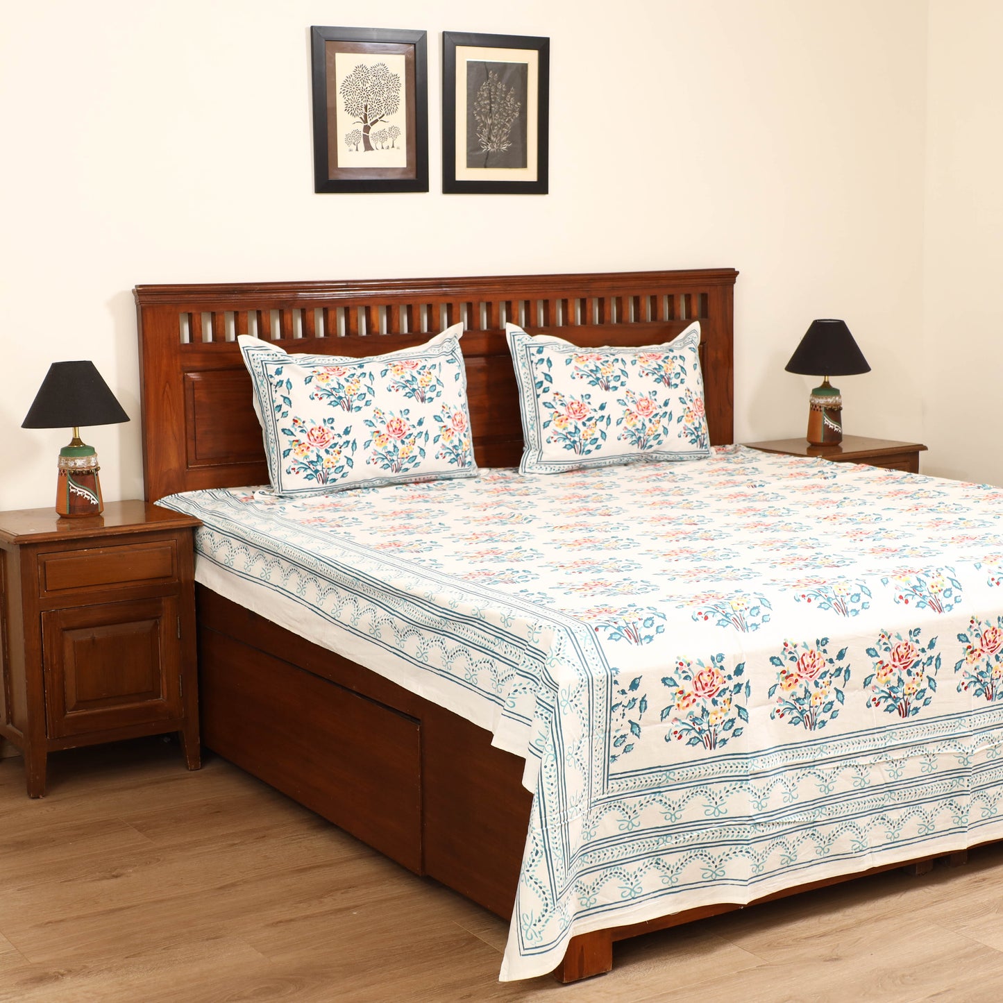 Sanganeri Hand Block Print Cotton Double Bedsheet Set (108 x 90 in) 22
