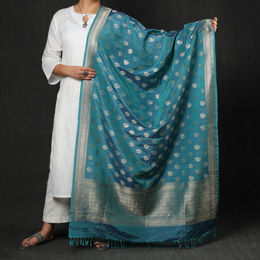 Blue - Banarasi Handloom Katan Silk Zari Buti Dupatta with Tassels