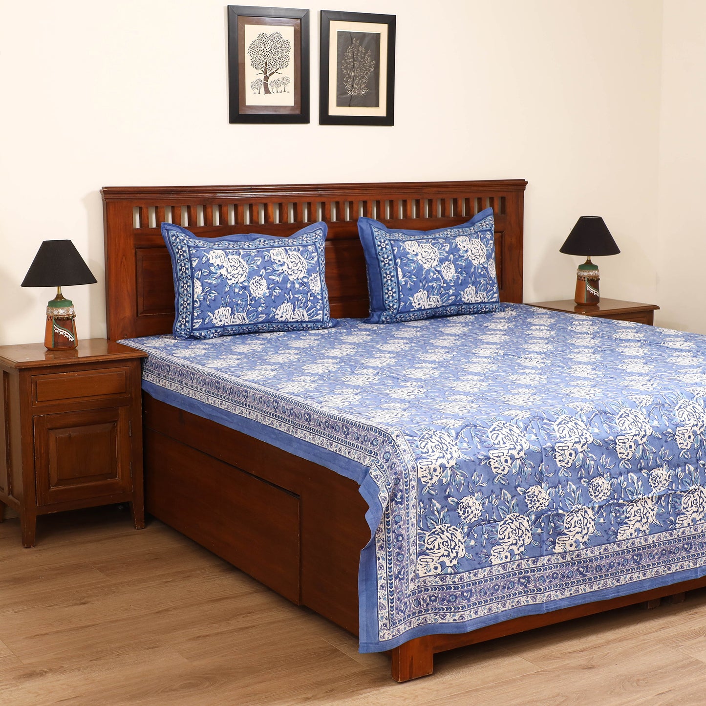 Sanganeri Hand Block Print Cotton Double Bedsheet Set (108 x 90 in) 23