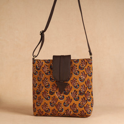 Yellow - Handcrafted Ajrakh Printed Leather Sling Bag