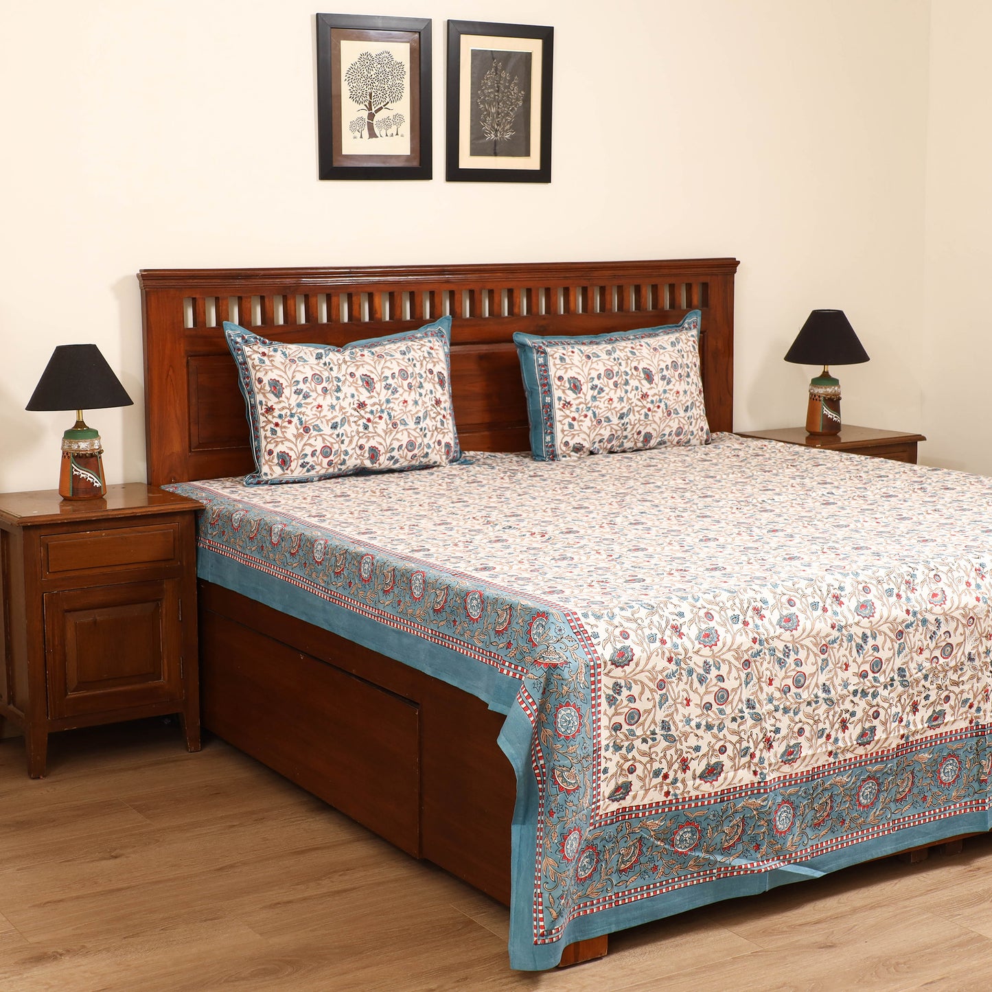 Sanganeri Hand Block Print Cotton Double Bedsheet Set (108 x 90 in) 24