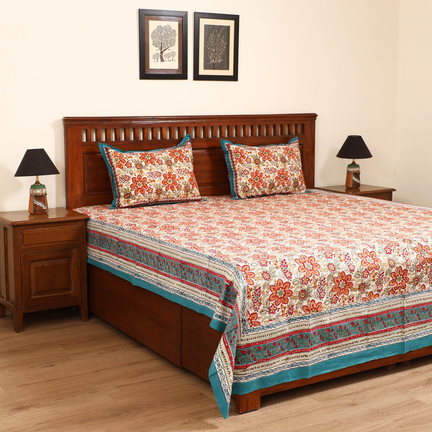 Sanganeri Hand Block Print Cotton Double Bedsheet Set (108 x 90 in) 25