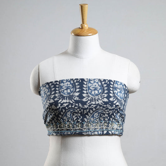 Blue - Batik Printed Thread & Bead Work Hand Embroidery Cotton Blouse Piece
