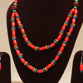 Red - Handmade Wooden Beads Double Layered Necklace Set 18