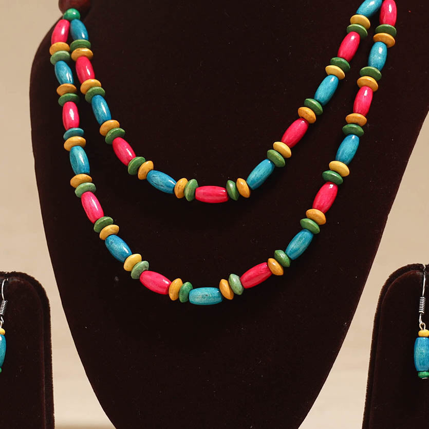 Multicolor - Handmade Wooden Beads Double Layered Necklace Set 20