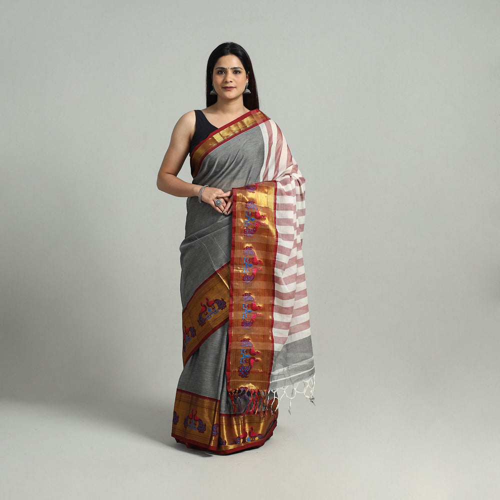 Grey - Mercerised Cotton Paithani Zari Border Dharwad Saree 26