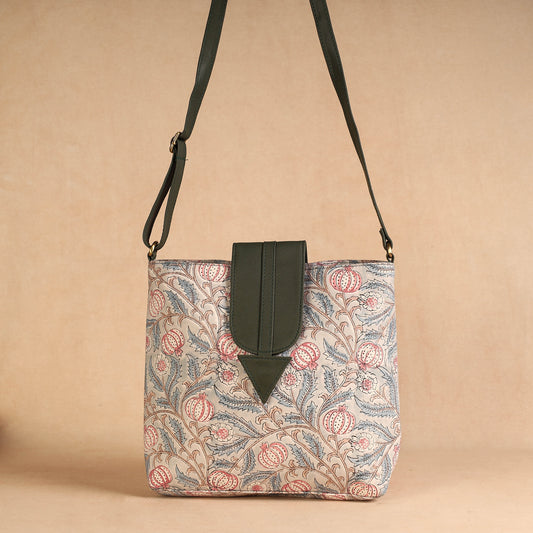Grey - Handcrafted Sanganeri Printed Leather Sling Bag