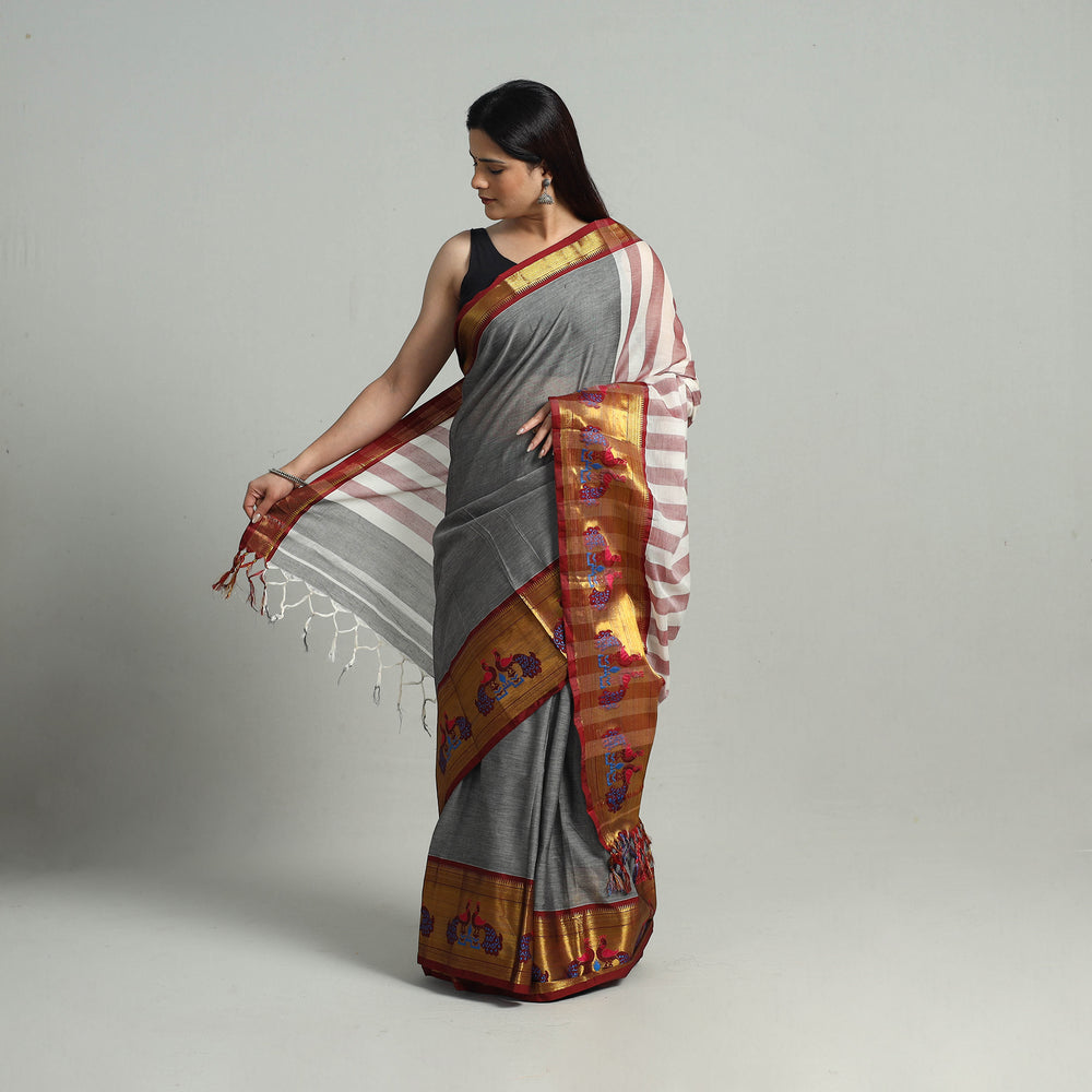 Grey - Mercerised Cotton Paithani Zari Border Dharwad Saree 26