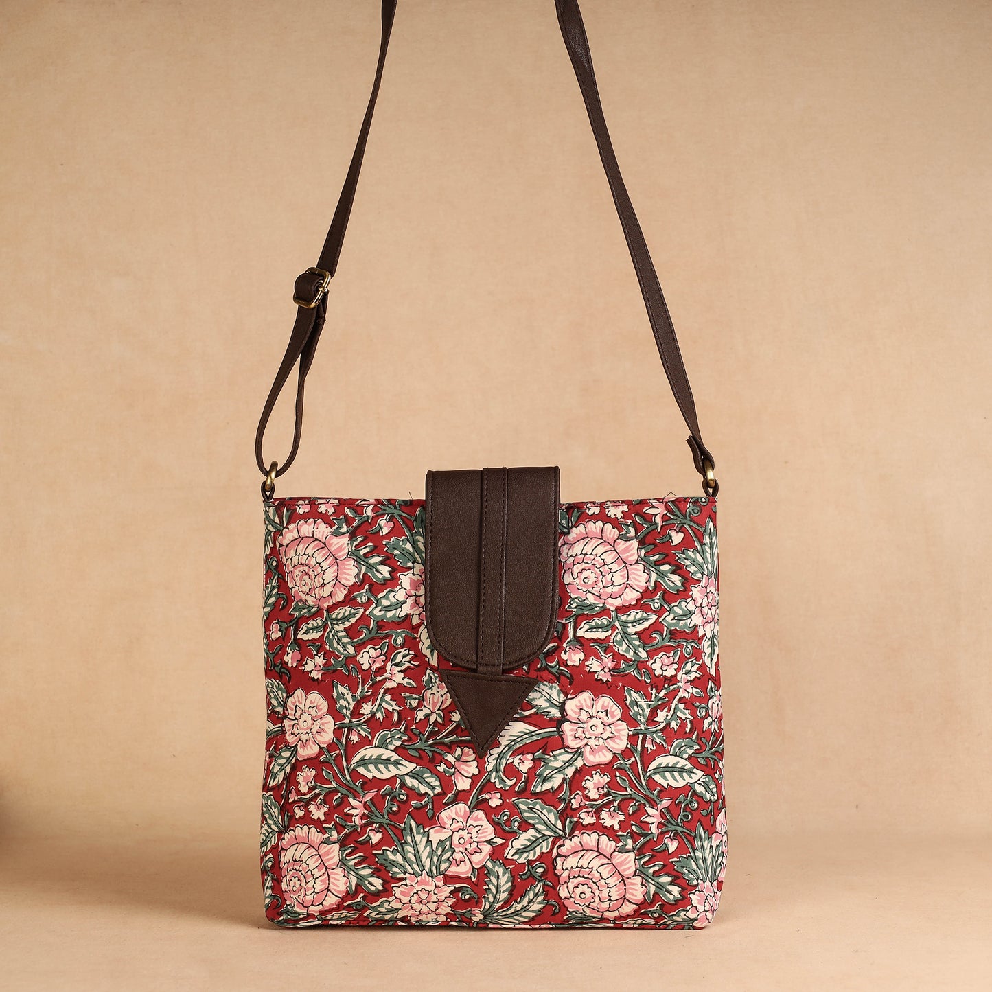 Red - Handcrafted Sanganeri Printed Leather Sling Bag