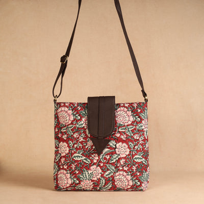 Red - Handcrafted Sanganeri Printed Leather Sling Bag