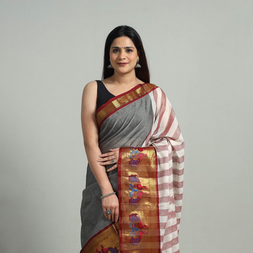 Grey - Mercerised Cotton Paithani Zari Border Dharwad Saree 26