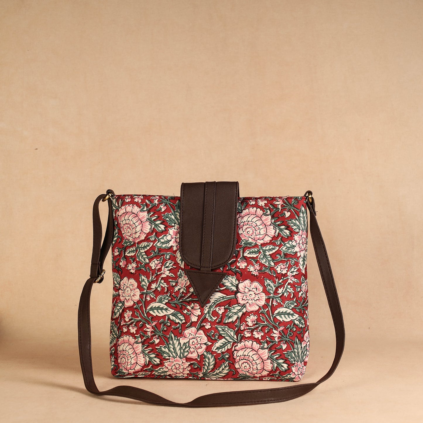 Red - Handcrafted Sanganeri Printed Leather Sling Bag