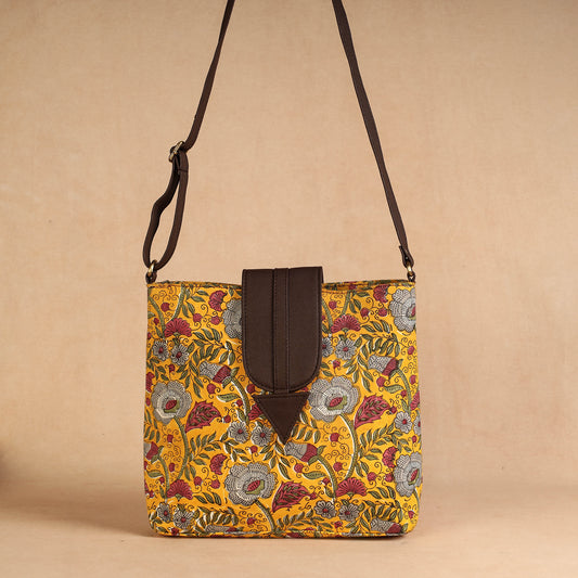 Yellow - Handcrafted Sanganeri Printed Leather Sling Bag