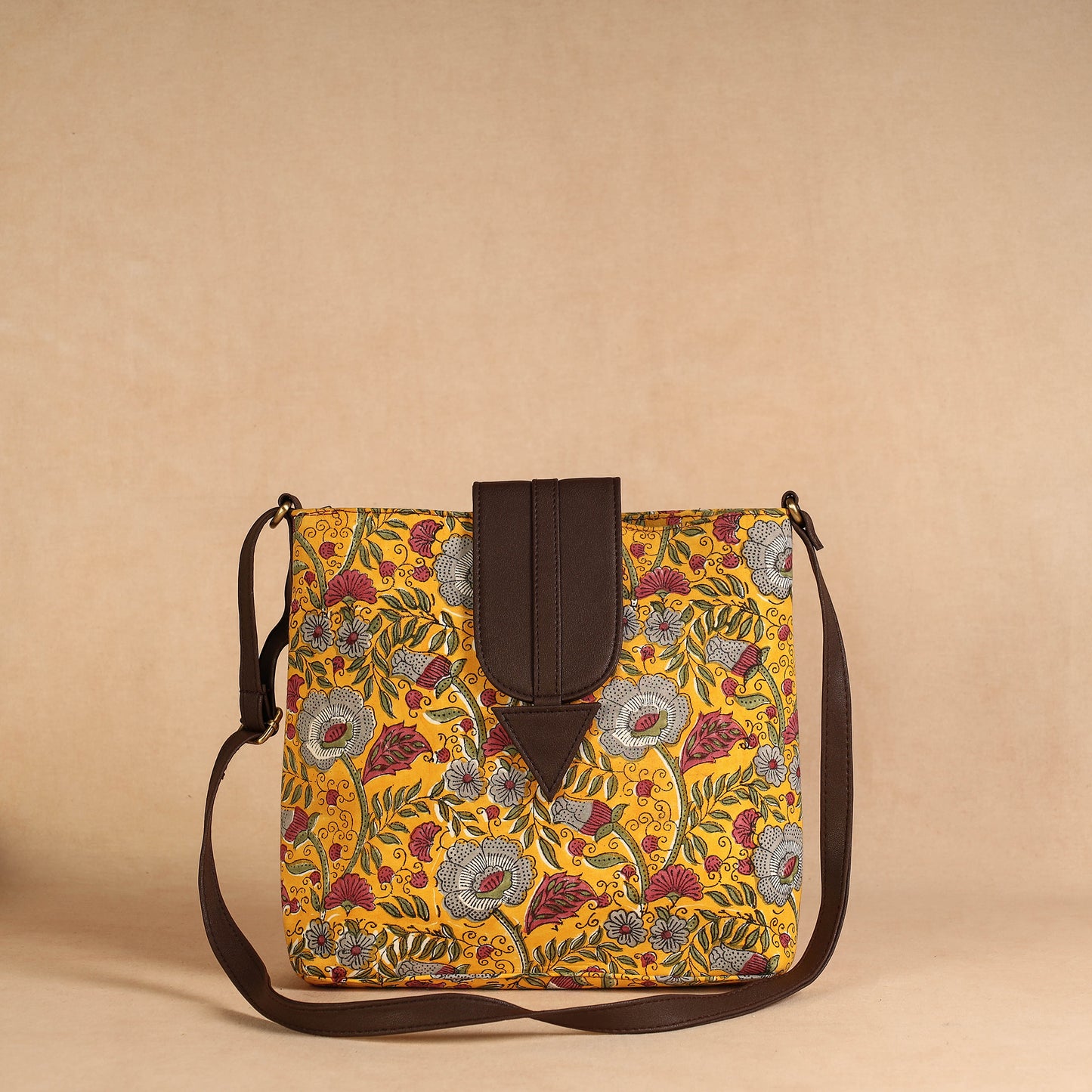 Yellow - Handcrafted Sanganeri Printed Leather Sling Bag