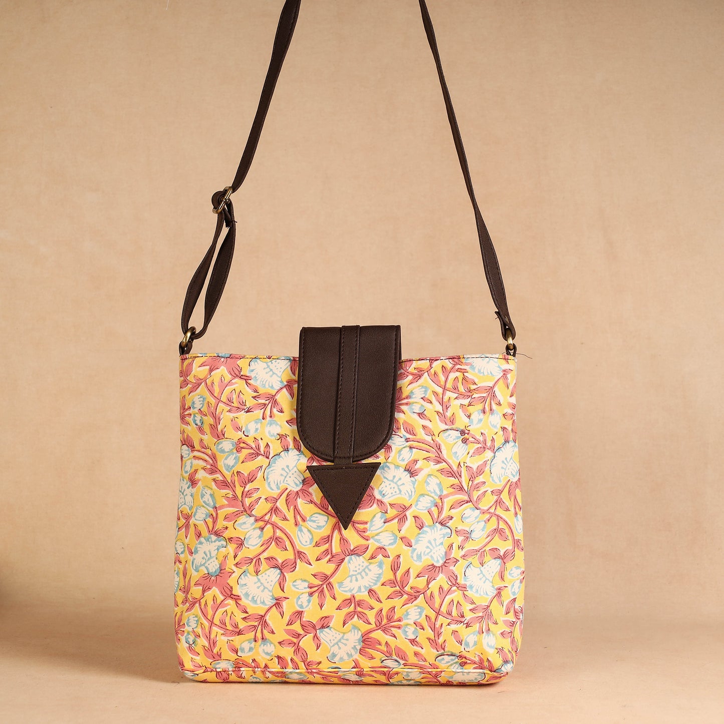Yellow - Handcrafted Sanganeri Printed Leather Sling Bag