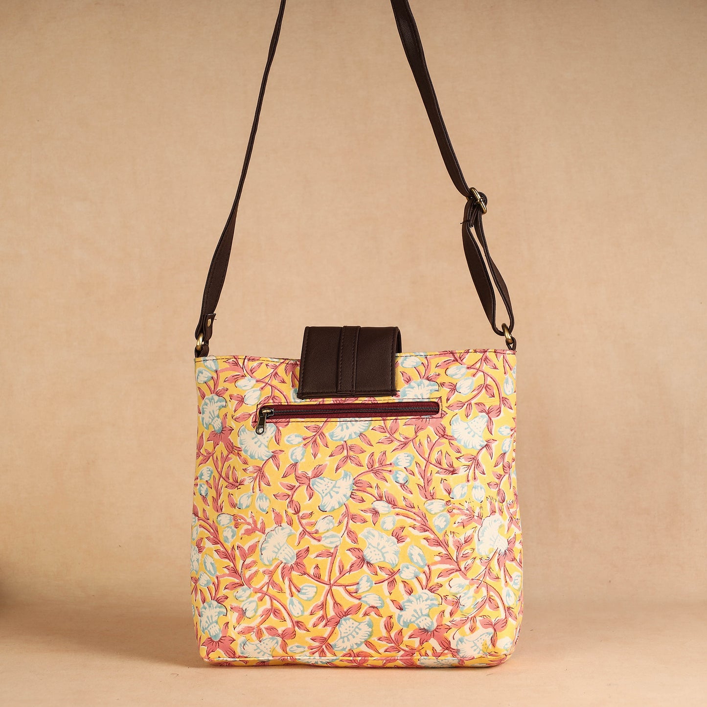 Yellow - Handcrafted Sanganeri Printed Leather Sling Bag