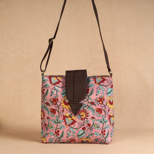 Pink - Handcrafted Sanganeri Printed Leather Sling Bag