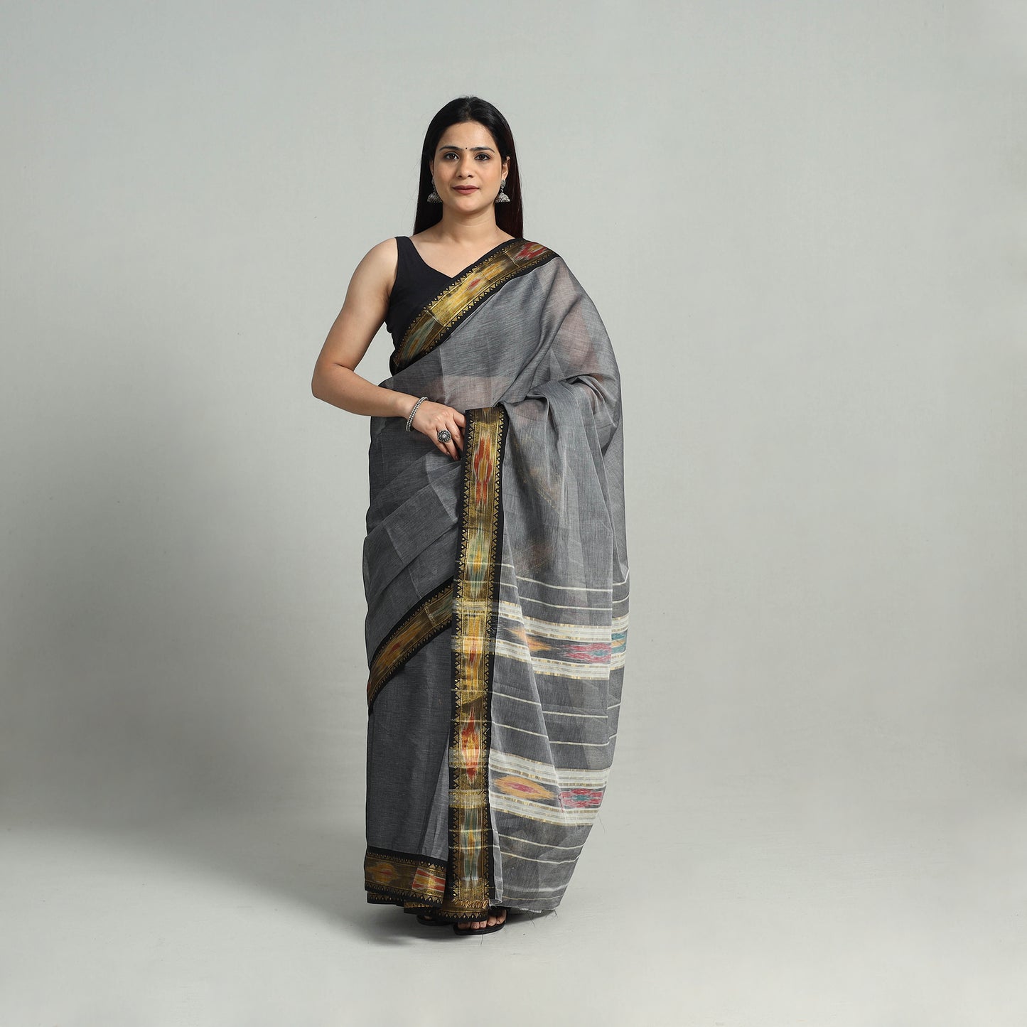 Grey - Mercerised Cotton Ikat Zari Border Dharwad Saree 30