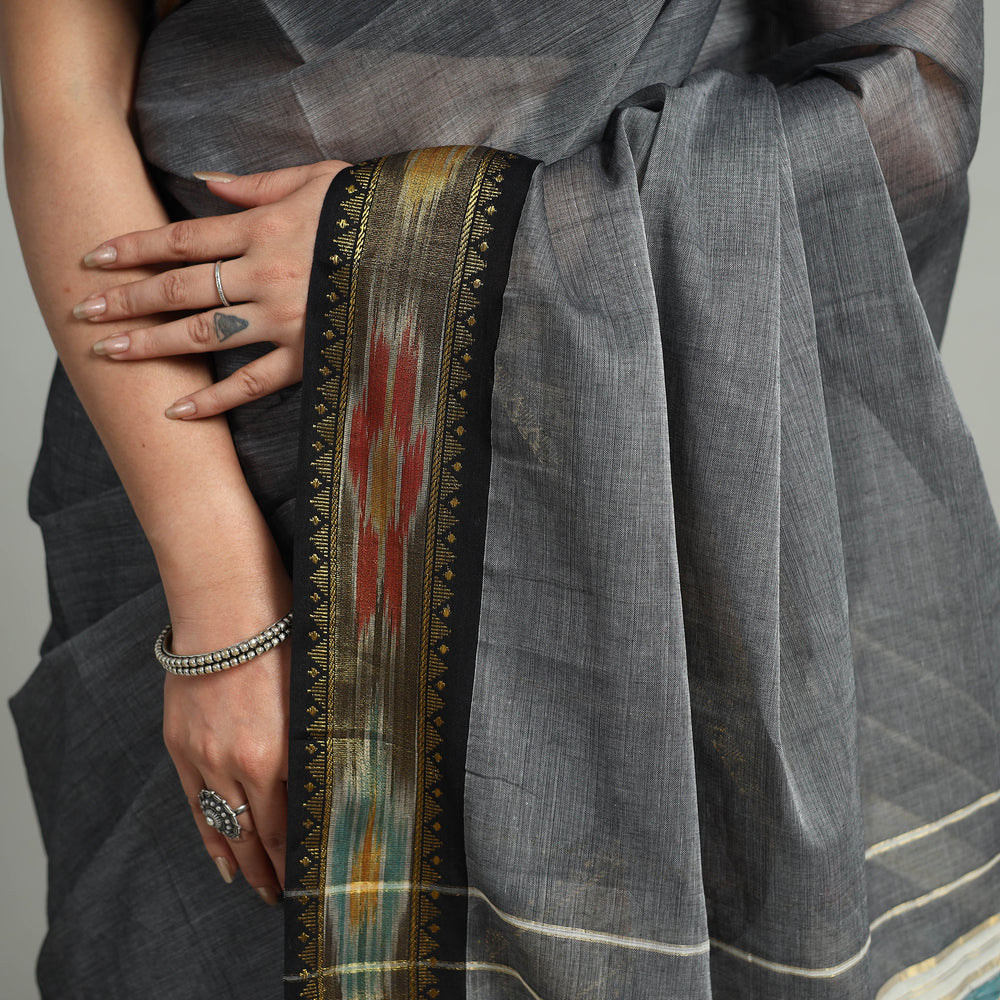 Grey - Mercerised Cotton Ikat Zari Border Dharwad Saree 30