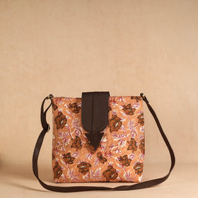 Brown Handcrafted Sanganeri Printed Leather Sling Bag