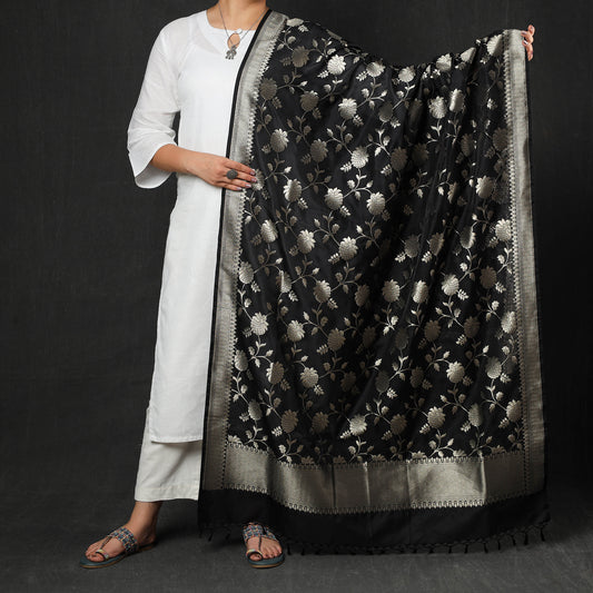 Black - Banarasi Semi Silk Zari Jaal Dupatta with Tassels