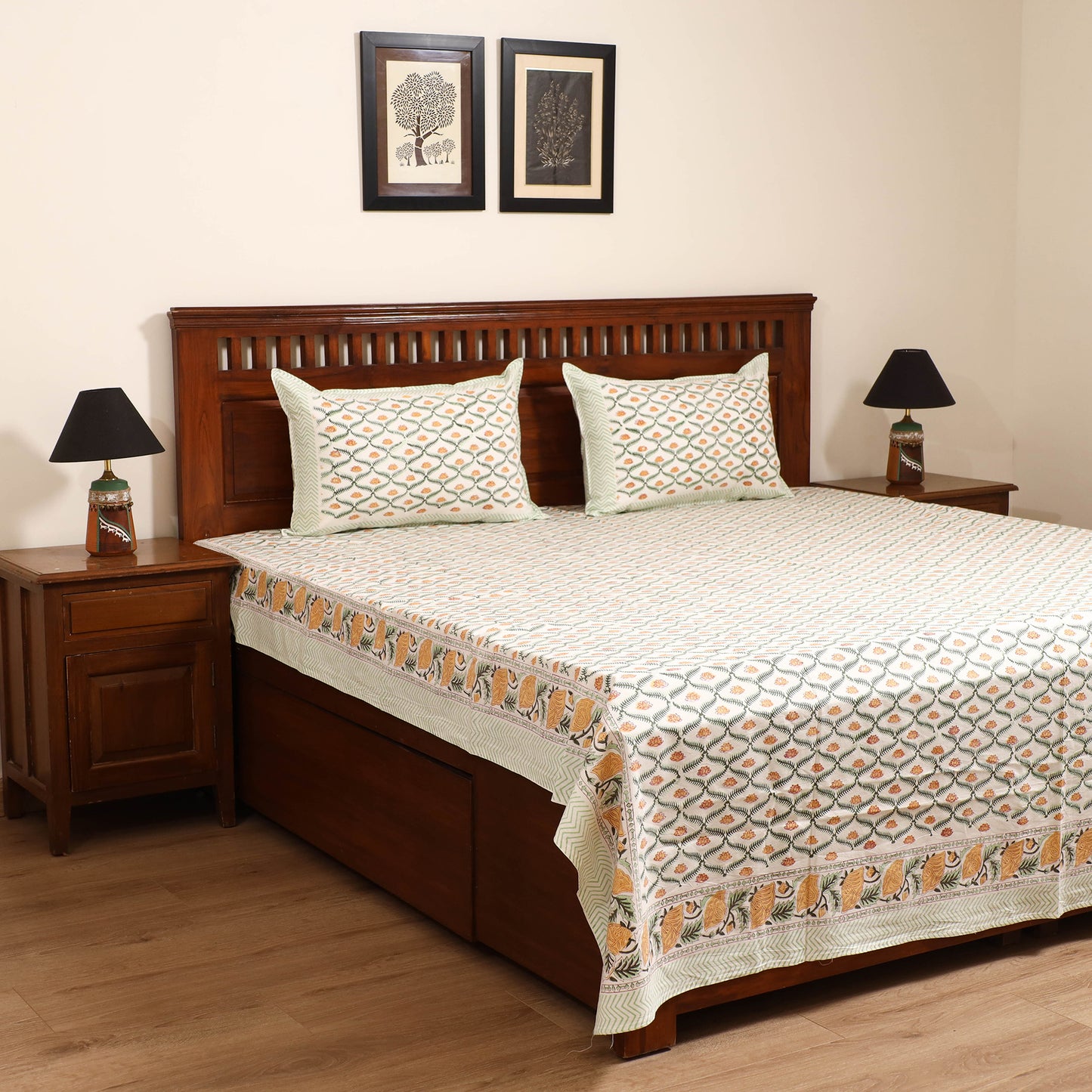 Sanganeri Hand Block Print Cotton Double Bedsheet Set (108 x 90 in) 39