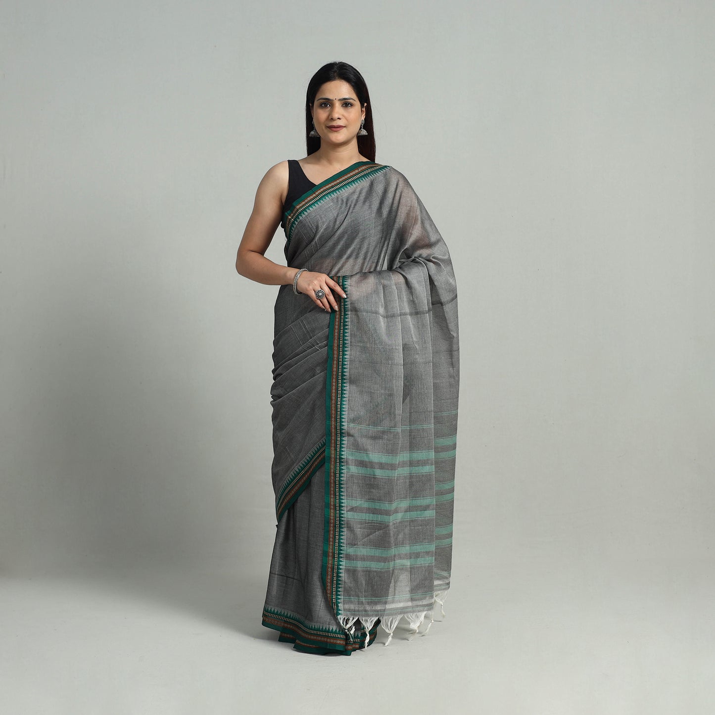 Grey - Mercerised Cotton Thread Border Dharwad Saree 35