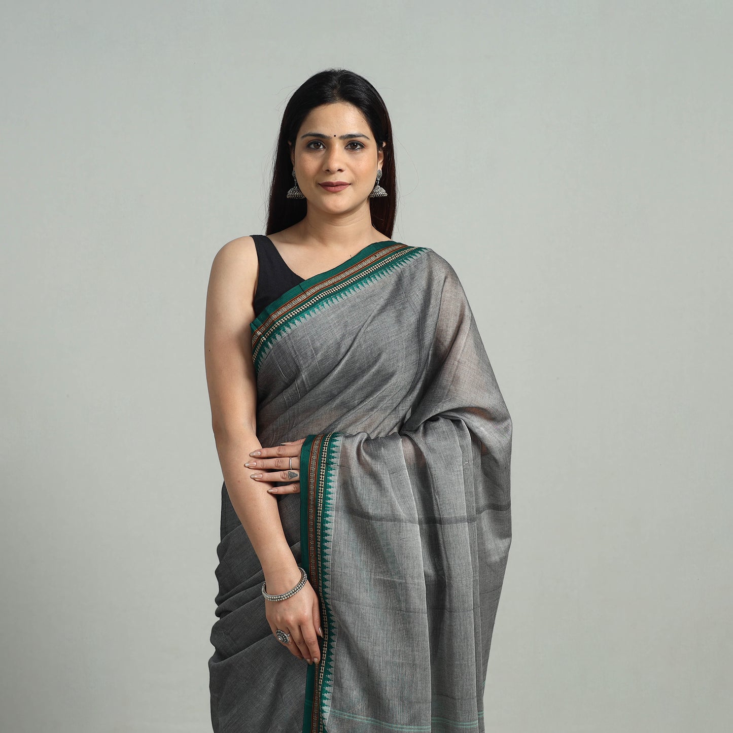 Grey - Mercerised Cotton Thread Border Dharwad Saree 35