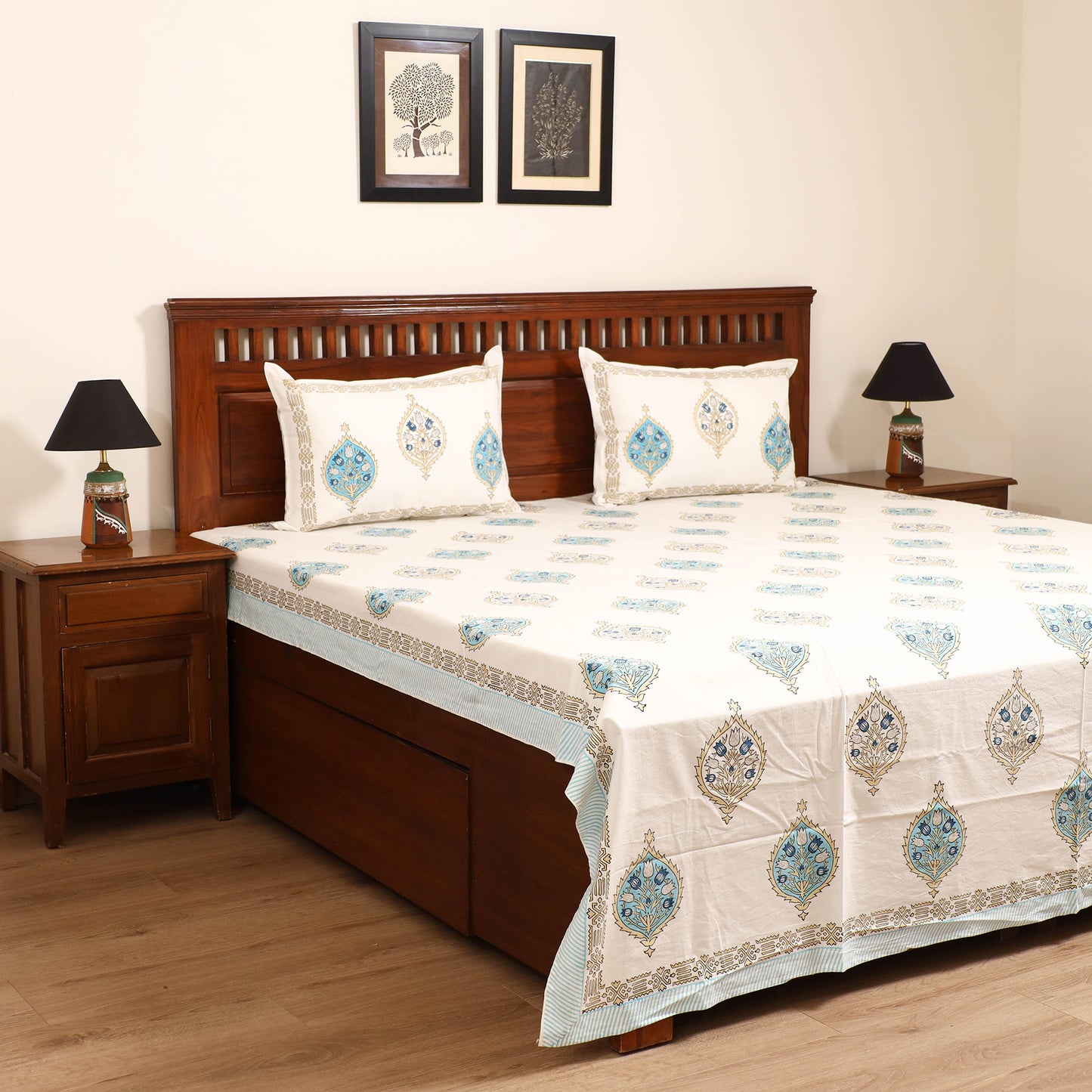 Sanganeri Hand Block Print Cotton Double Bedsheet Set (108 x 90 in) 43