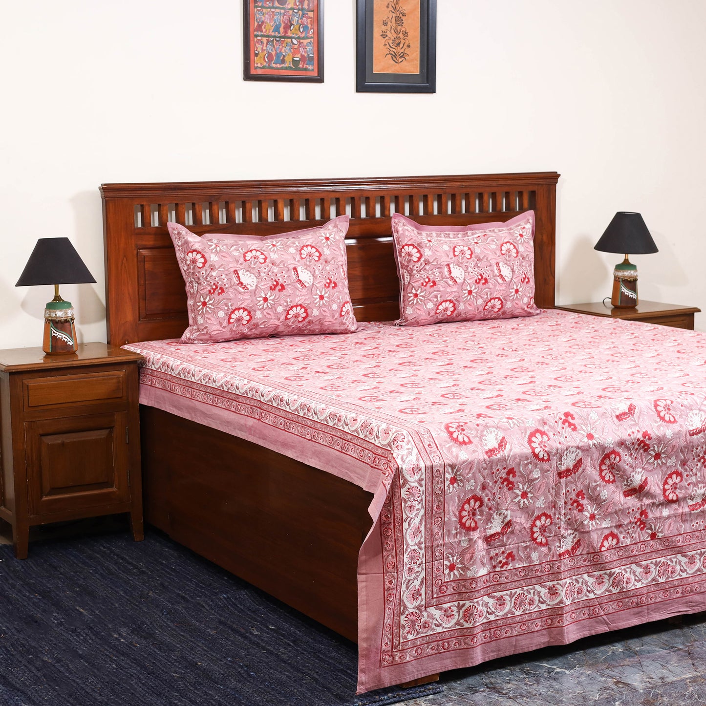 Pink - cotton double sanganeri bed sheet set (108 x 90 in)
